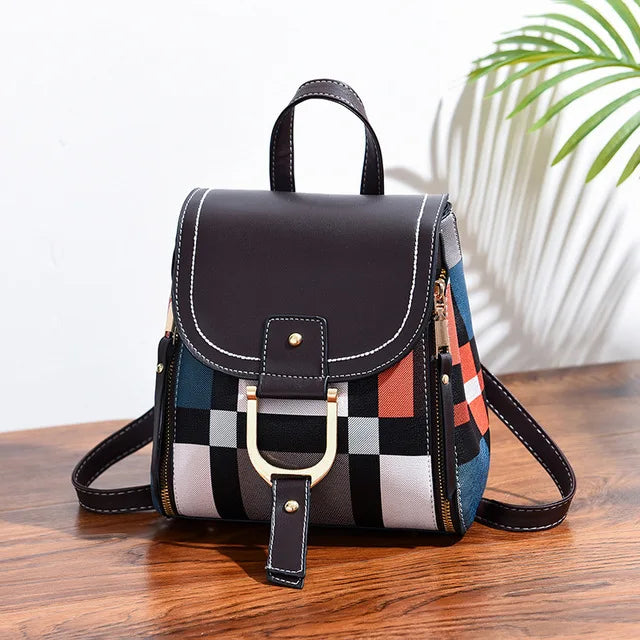 Plaid Splicing Leather Backpack