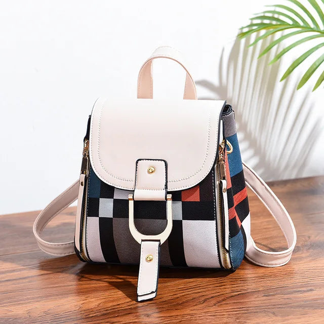 Plaid Splicing Leather Backpack