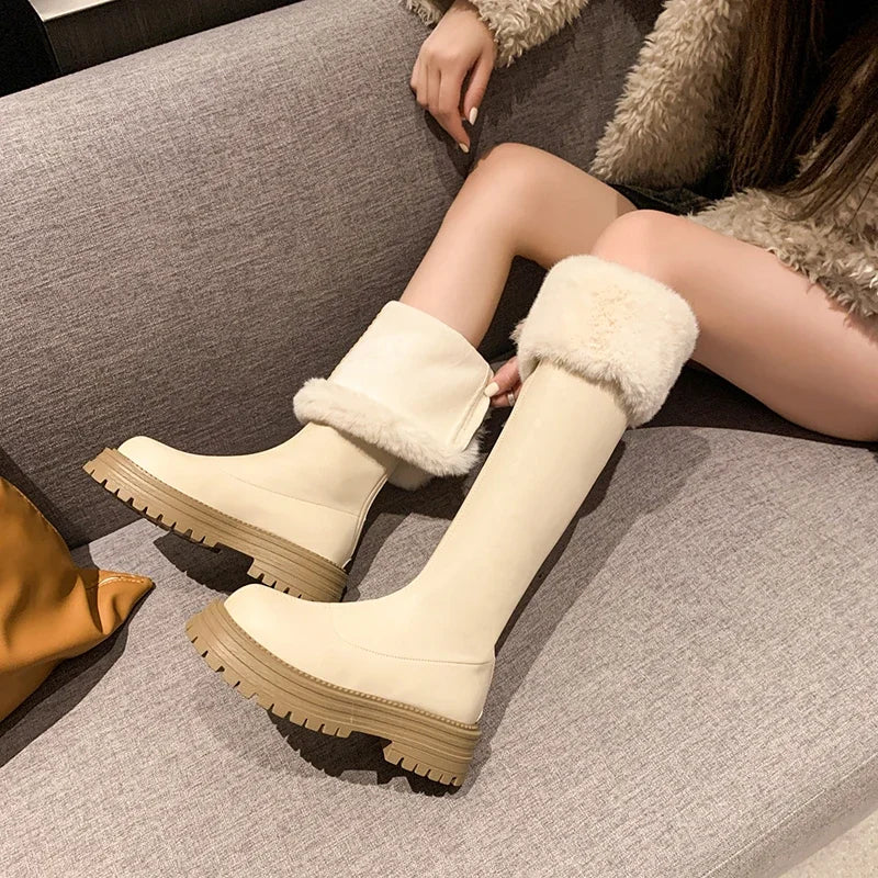 Snow Women Winter Knee High Boots Woman Fur Shoes 2025 Trend Leather Platform Chelsea Casual Plush Cotton Warm Zapatos De Mujer