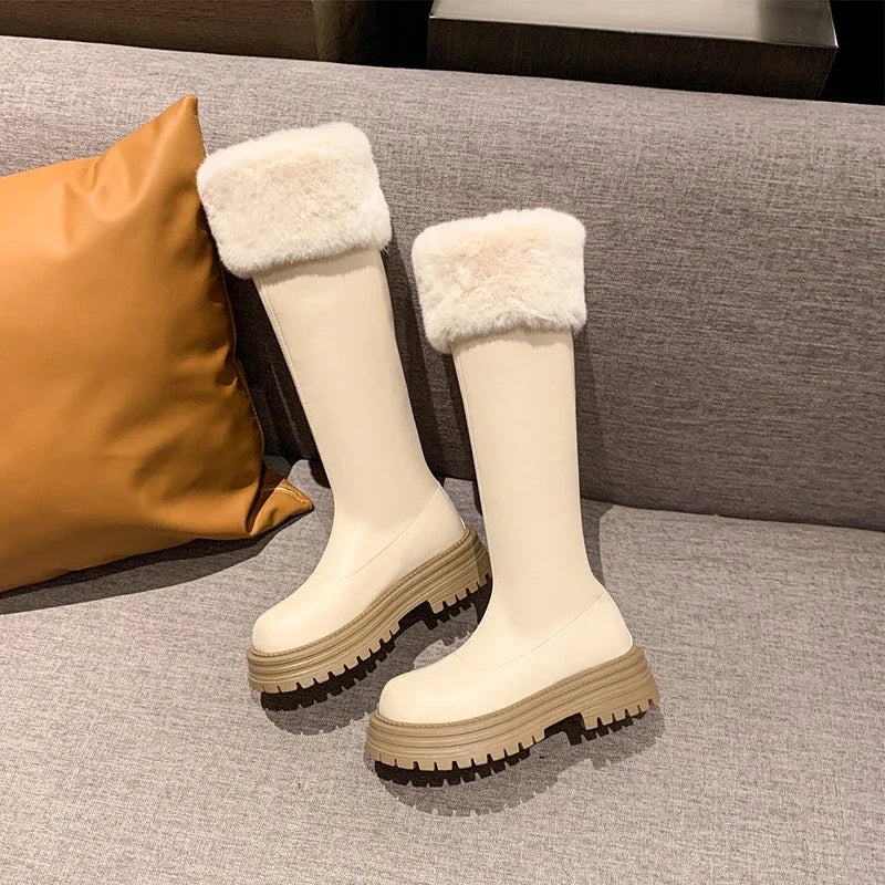 Snow Women Winter Knee High Boots Woman Fur Shoes 2025 Trend Leather Platform Chelsea Casual Plush Cotton Warm Zapatos De Mujer