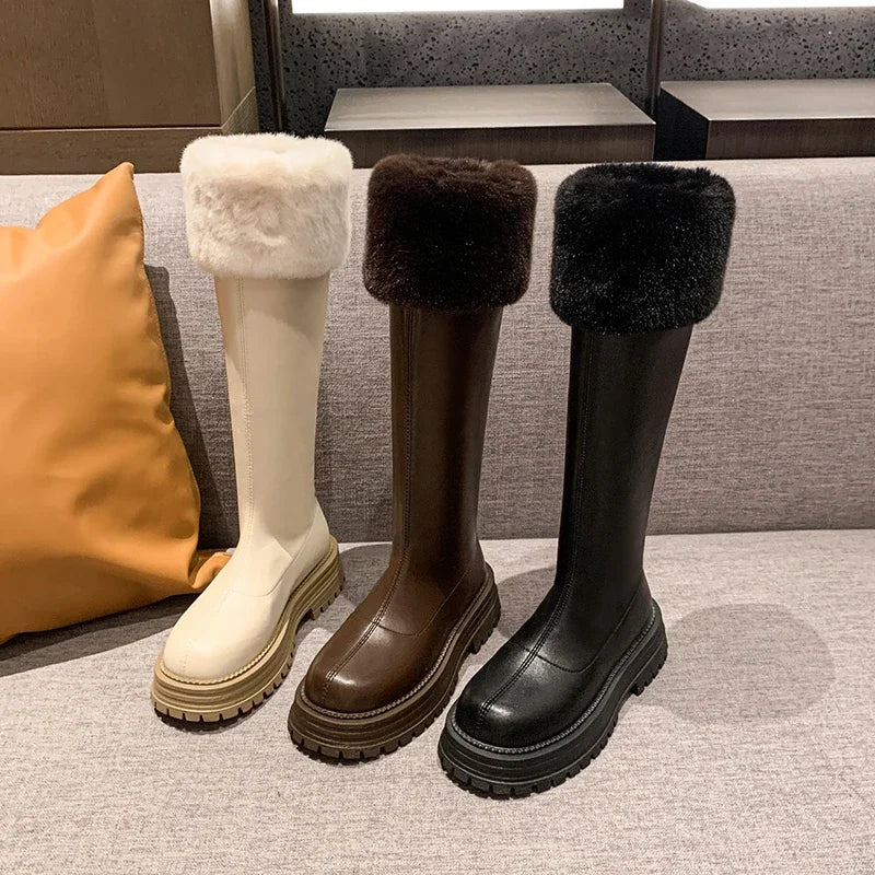 Snow Women Winter Knee High Boots Woman Fur Shoes 2025 Trend Leather Platform Chelsea Casual Plush Cotton Warm Zapatos De Mujer