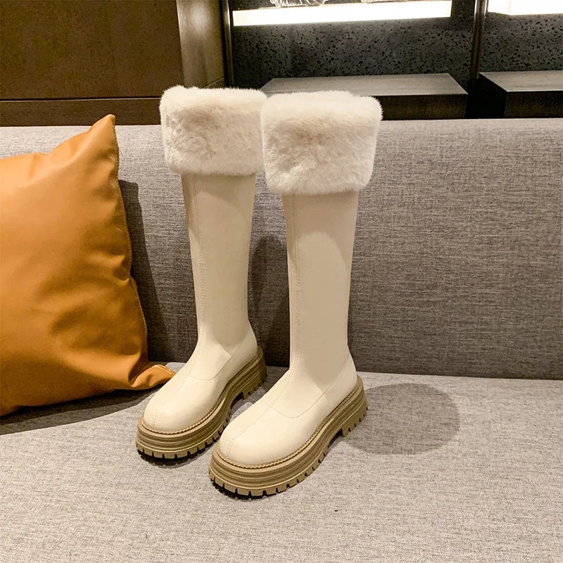 Snow Women Winter Knee High Boots Woman Fur Shoes 2025 Trend Leather Platform Chelsea Casual Plush Cotton Warm Zapatos De Mujer